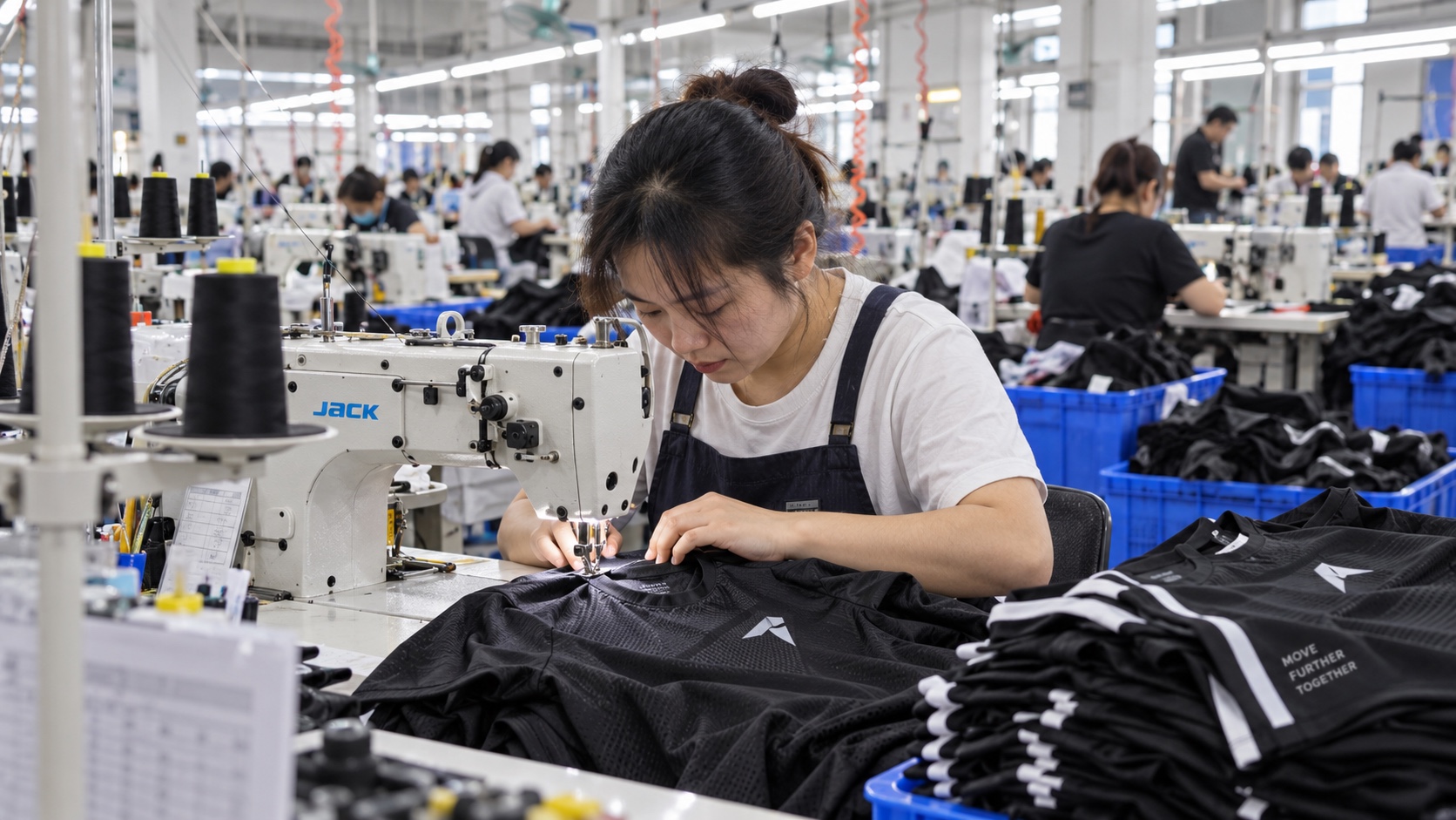 User-supplied production reference showing sportswear sewing in a garment workshop